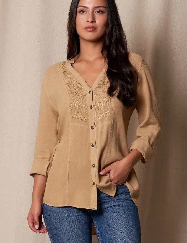 Myra Hi-Lo Vintage Shirt - Antique Gold - As-Is-Clearance-- Satin Fabric Silk Fabric Chiffon Fabric