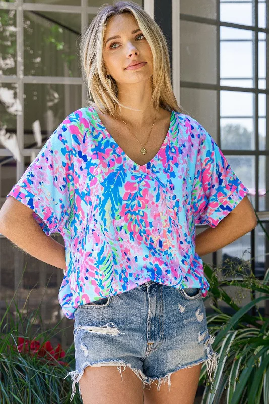 Hazel Blues® |  Printed V-Neck Tee Shirt-- Jersey Fabric Tulle Fabric Batik Fabric