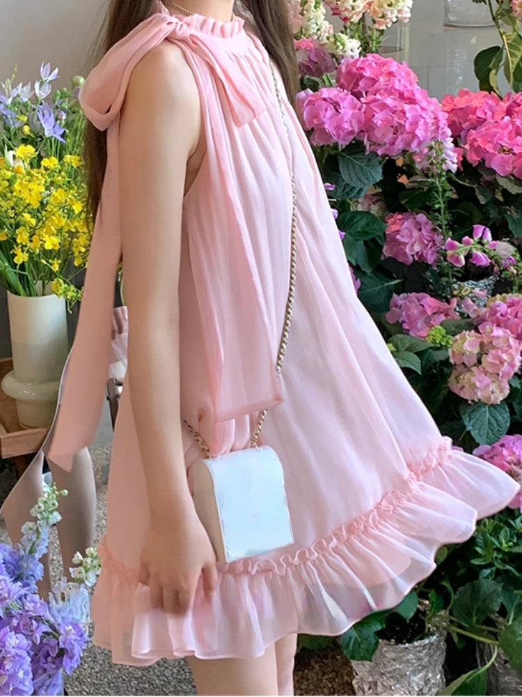 Advbridge Sweet Pink Y2k Mini Dress Party Women Casual Sleeveless Elegant Dress Korean Style Fashion Pure Color Dress Female Comfortable Polka Dot Mini Dress