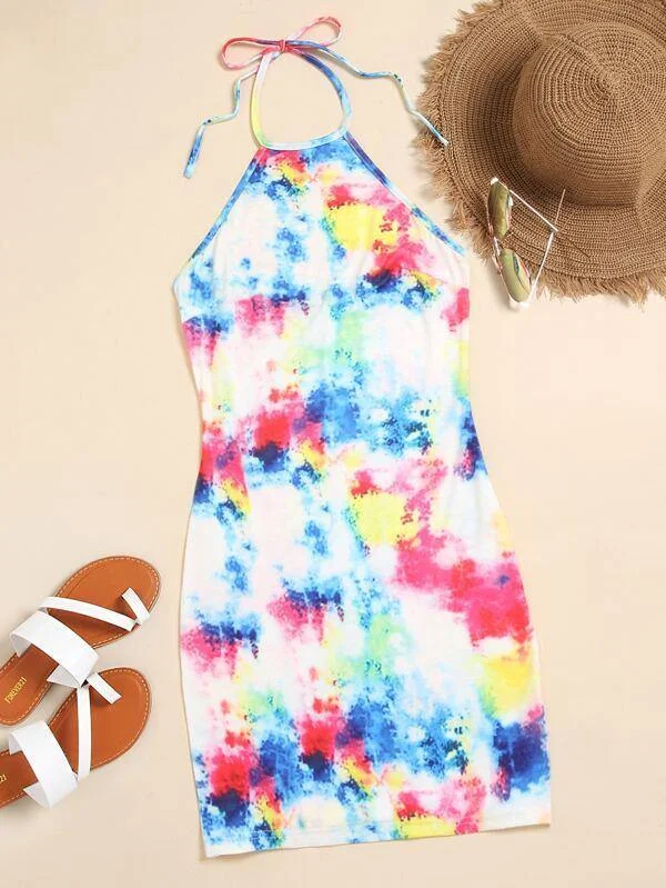 Tie Dye Halter Mini Dress Comfortable Boho Mini Dress