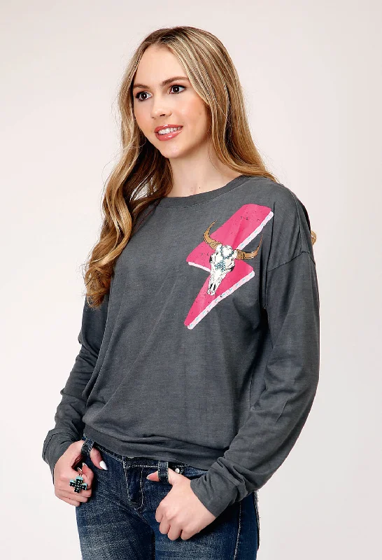 Roper Womens Longhorn Lightning Grey Poly/Rayon L/S T-Shirt-- Rayon Fabric Velvet Fabric Corduroy Fabric