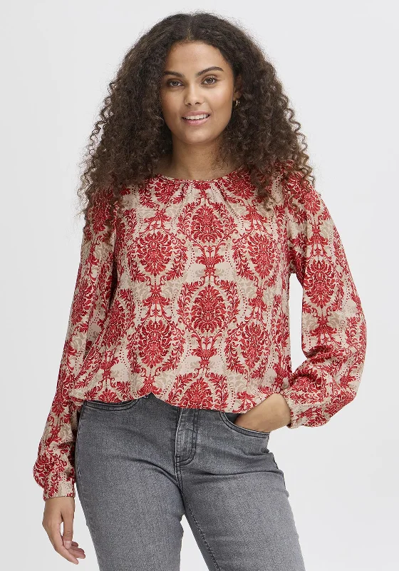Fransa Flowy Printed Bubble Hem Blouse, Red Feminine Satin Blouse