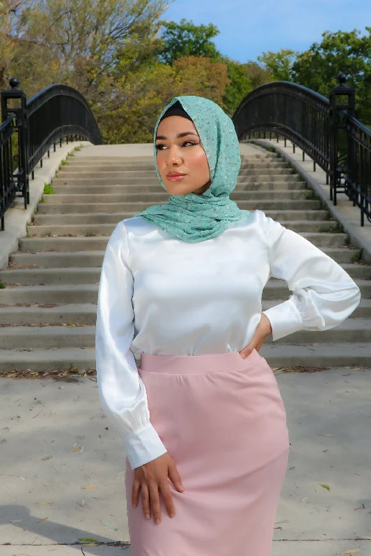 Lameera Satin Blouse - White Silky Draped Blouse