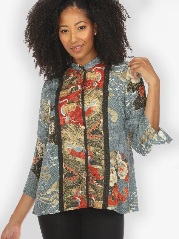 Happy Dragon Silk Blend Blouse Chic Off-Shoulder Blouse