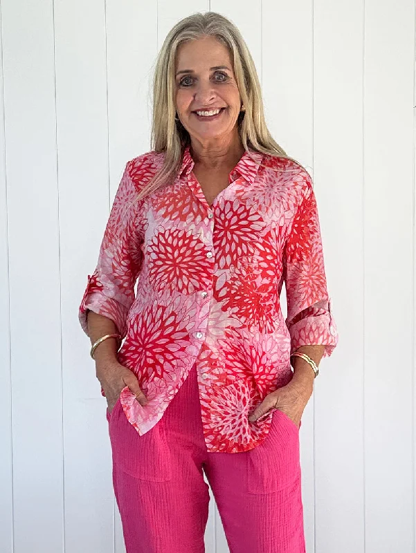 Blossom Printed Shirt - Red -- Basic T-Shirt Crew Neck Short Sleeve