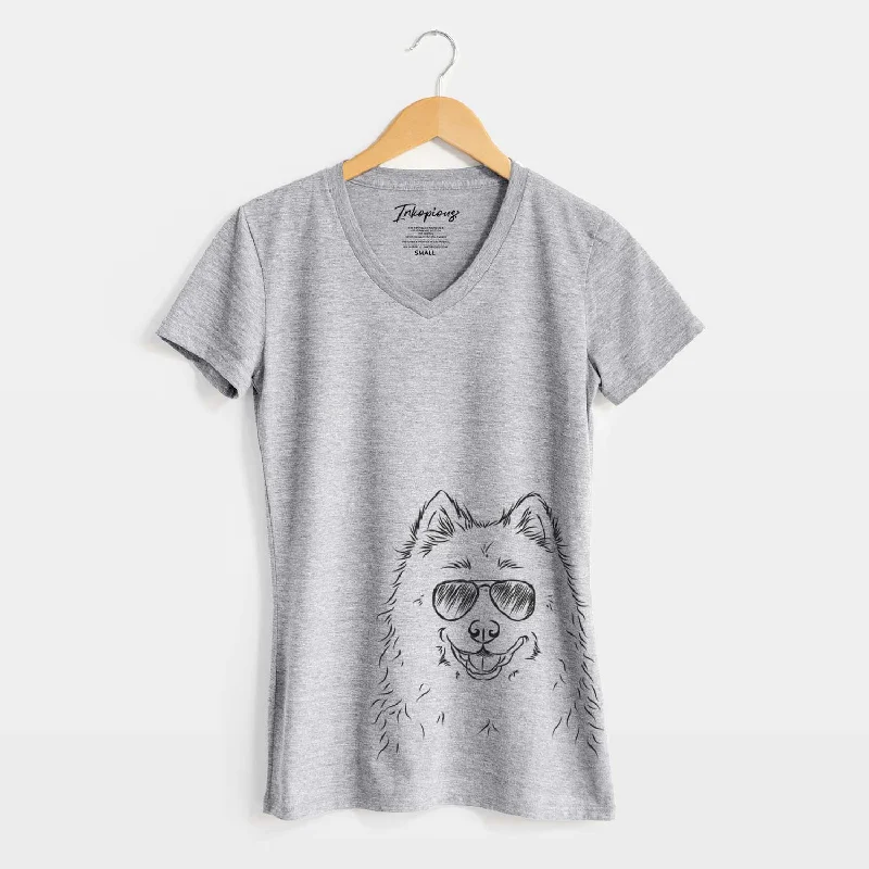 Aviator Luka the Samoyed - Women's V-neck Shirt-- Solid Print Embellished