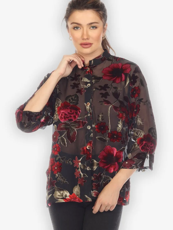 Flower Vine Cut Velvet Blouse Double Button Blouse