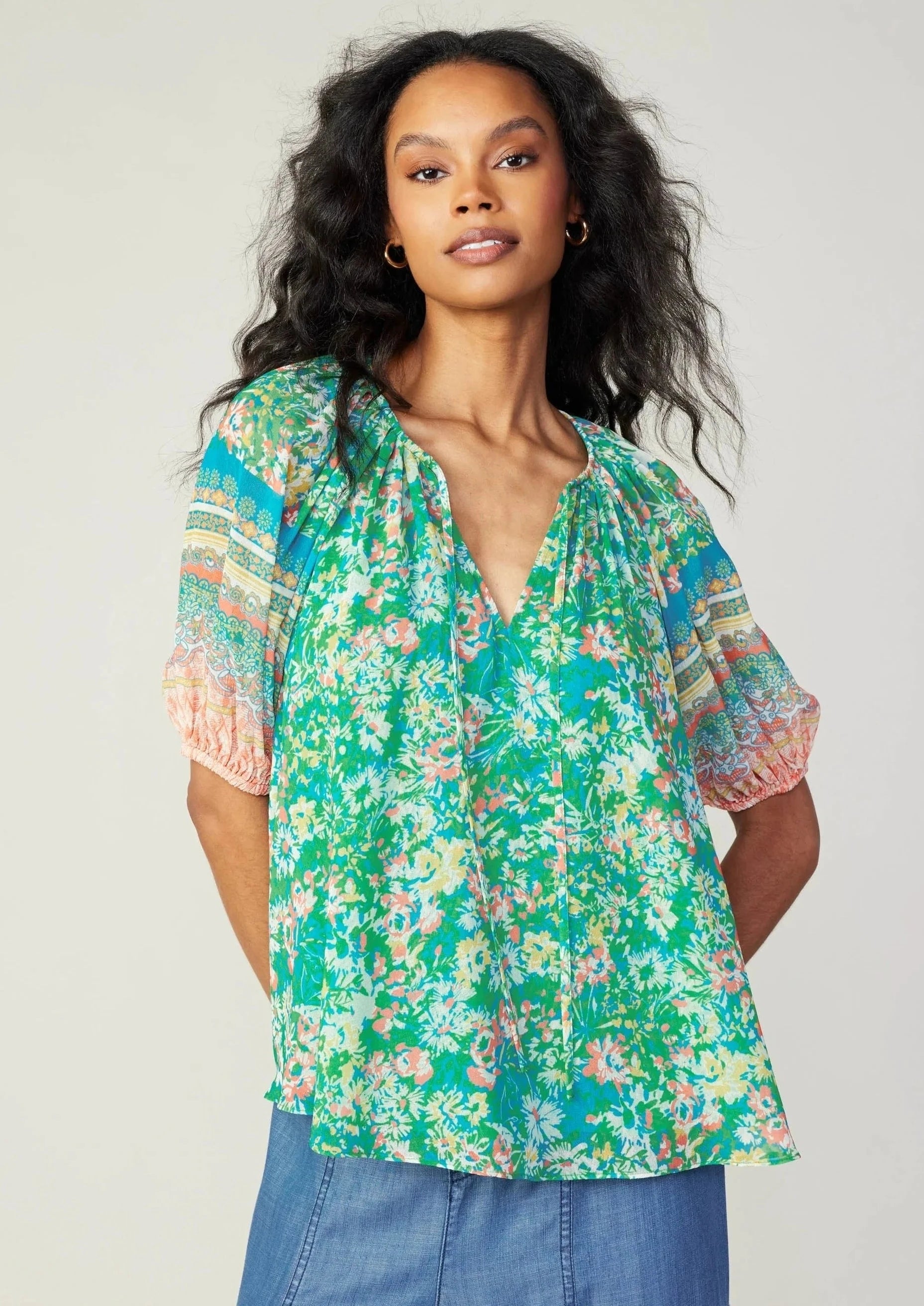 short sleeve border print blouse Backless Summer Blouse