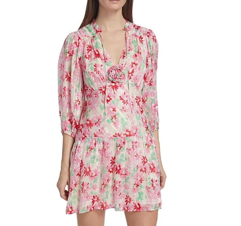 Devi Daisy Trail Lurex Ruffled Neck Mini Dress In Pink Trendy Cut-Out Mini Dress