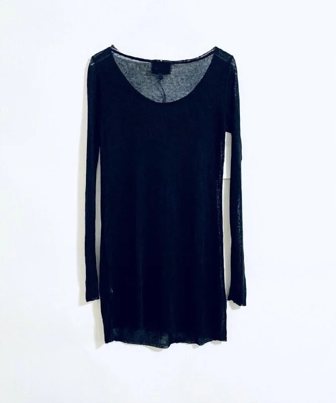 Women's Linen Sheer Long Sleeve Mini Dress In Black Cozy A-Line Mini Dress