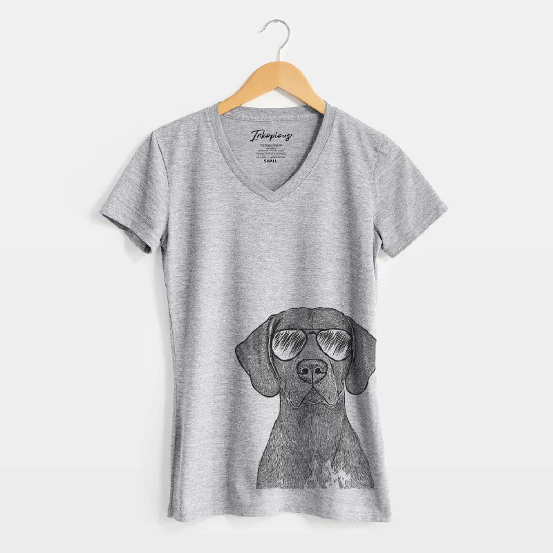 Aviator Lucifer the German Shorthaired Pointer - Women's V-neck Shirt-- Mesh Blend Leather Blend Suede Blend