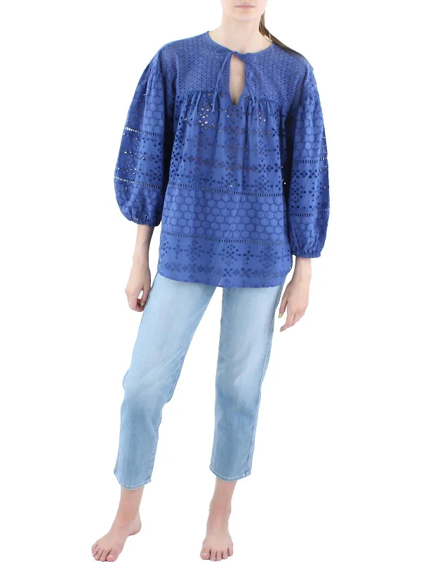 Womens Eyelet Puff Sleeve Blouse Sheer Sleeve Blouse