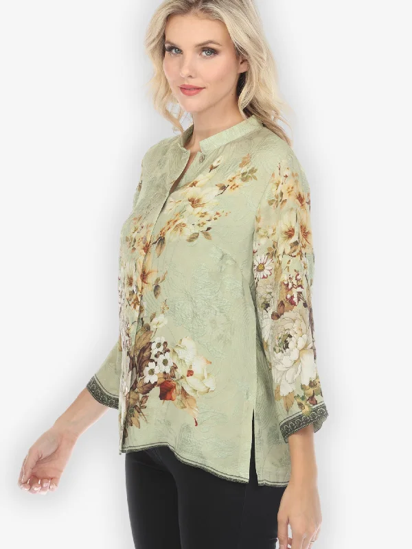Peony Mint Green Silk Blend Blouse Lightweight Linen Blouse