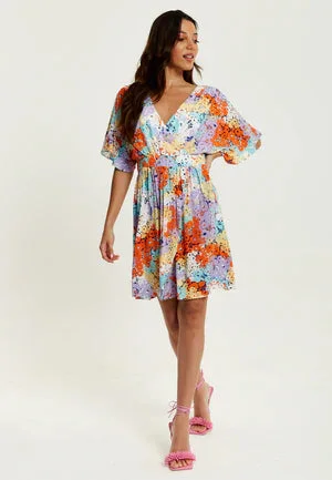 Liquorish Multicolour Floral Print Mini Dress With Open Back Cozy Ruched Mini Dress