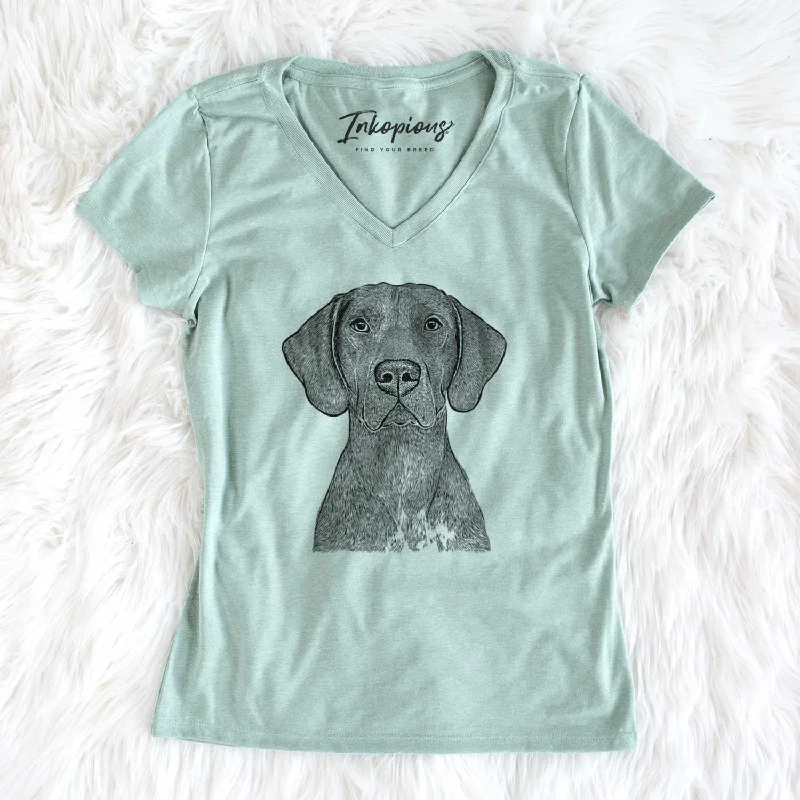 Bare Lucifer the German Shorthaired Pointer - Women's V-neck Shirt-- Striped Floral Plaid