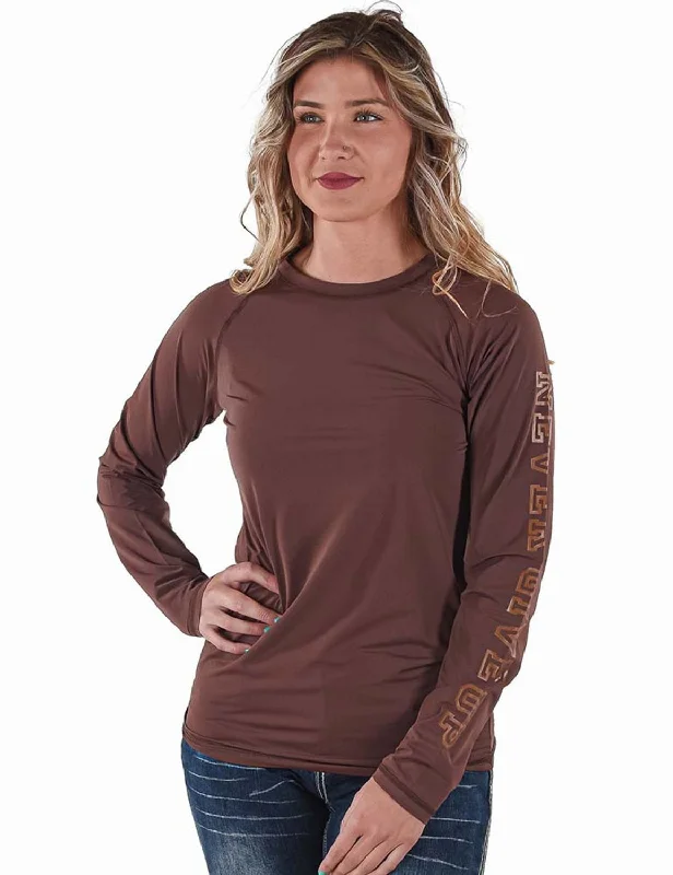 Cowgirl Tuff Womens Breathe Instant Baseball Brown Nylon L/S T-Shirt-- Layered Multi-layer Single Layer