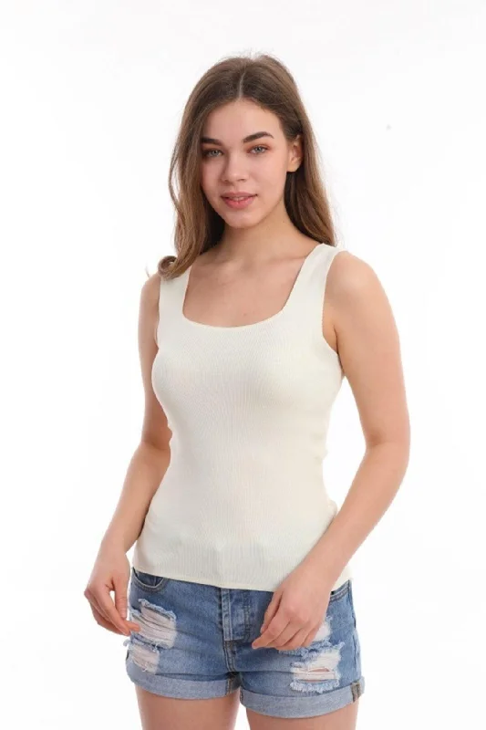 Women's Bone Color Square Collar Strap Knitwear Blouse Athlete Embroidered Cotton Blouse