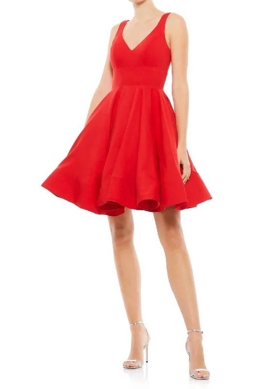 V Neck Fit & Flare Mini Dress In Red Cozy A-Line Mini Dress