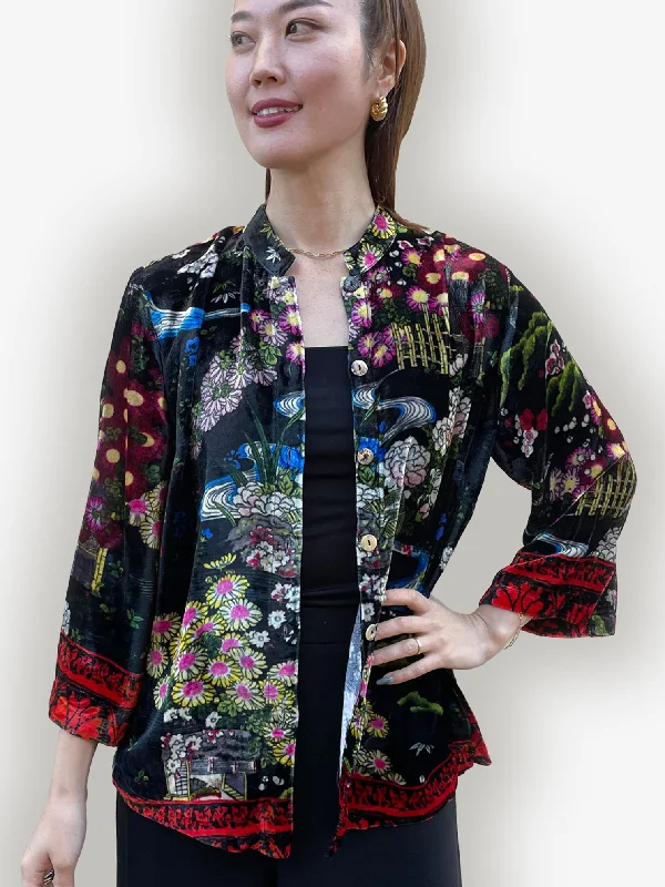 Citron Silk Blend Velvet Blouse Mandarin Collar Blouse