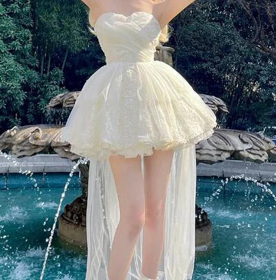 Advbridge Sweet High-Low Princess Dress Cute Sweet Daily Lolita Dresses Sexy Off-the-Shoulder Slim-Fit Mini Dress for Women Birthday Dress Trendy Wraparound Mini Dress
