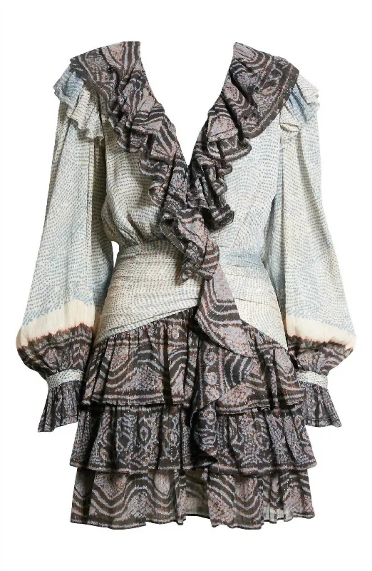 Sara Long Sleeve V-Neck Layered Skirt Ruffle Mini Dress In Moonstone Classic White Mini Dress