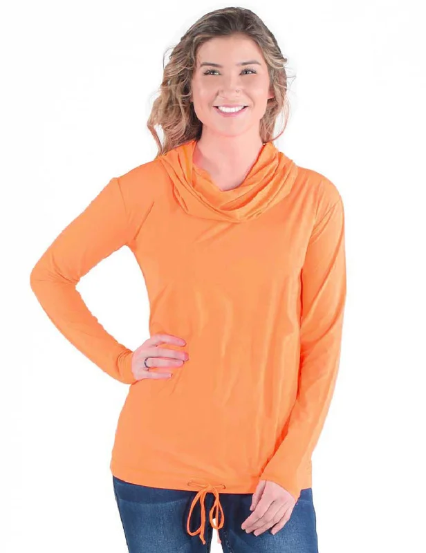 Cowgirl Tuff Womens Breathe Cowl Neck Tangerine Nylon L/S T-Shirt-- Print Jacquard Patchwork