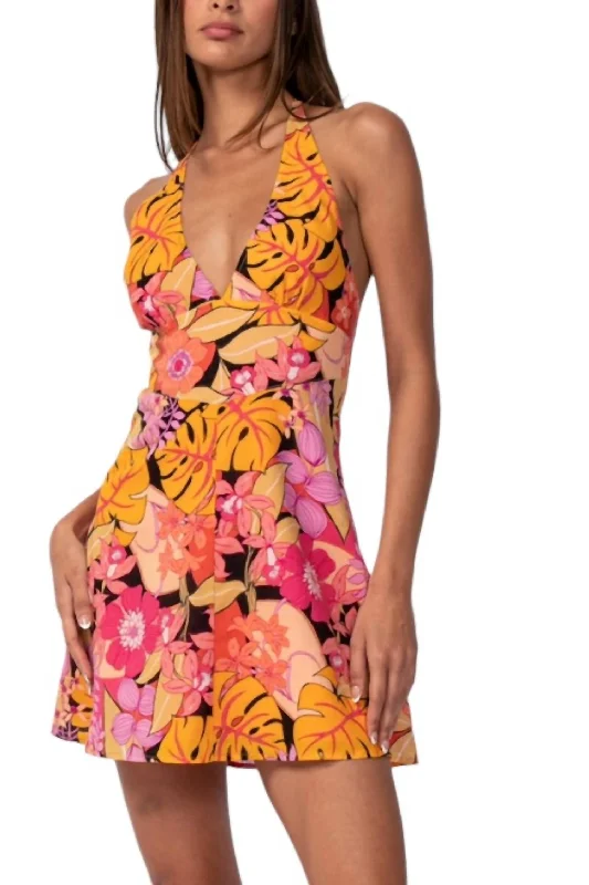 Tropical Floral Halter Mini Dress In Night Flower Classic Solid Mini Dress