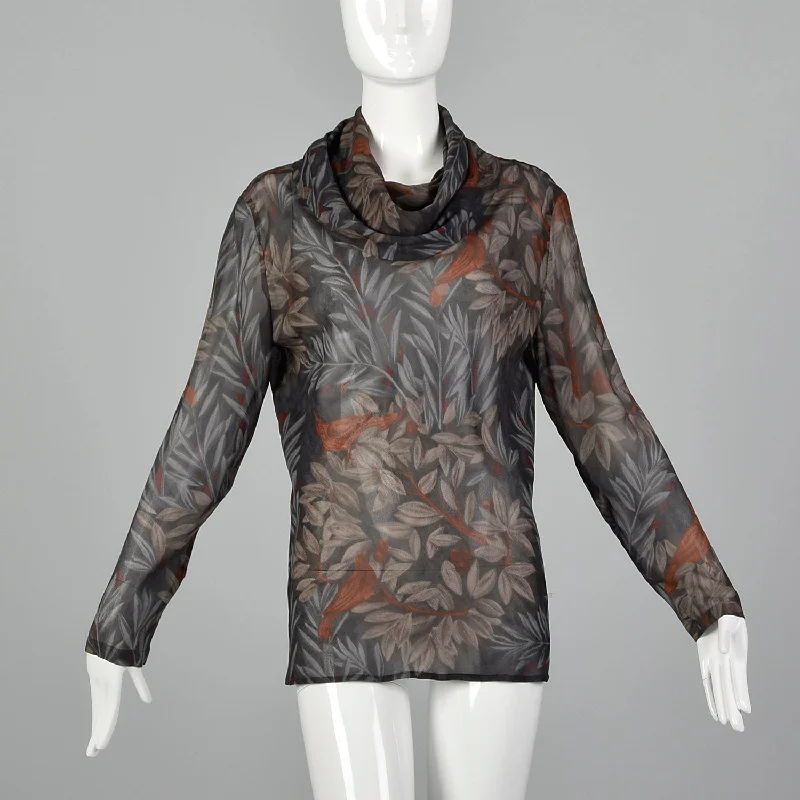 1980s Anne Klein Grey Leaf and Bird Print Blouse Double Button Blouse