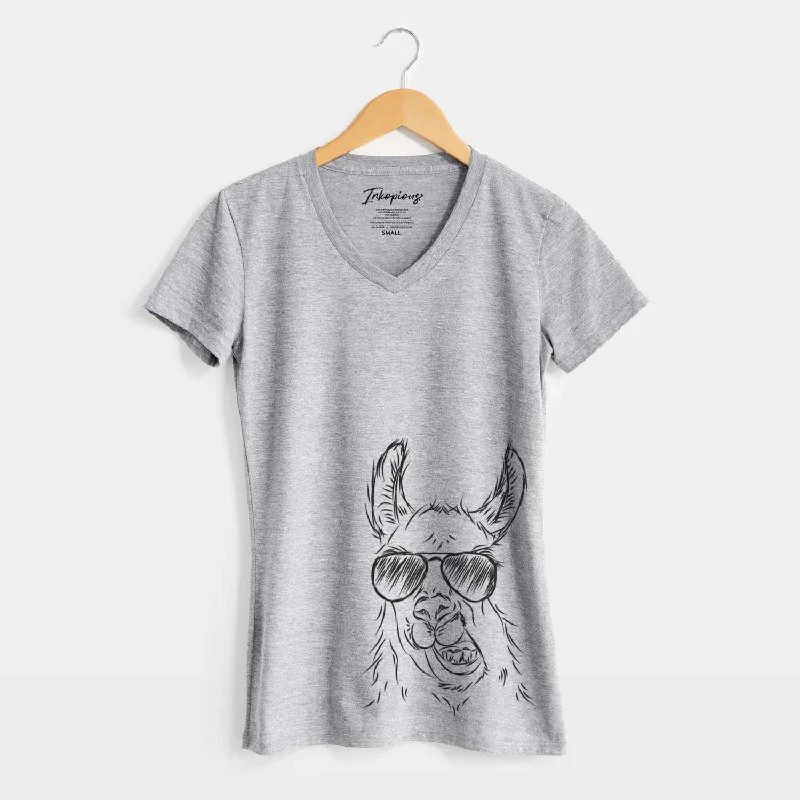 Aviator Larry the Llama - Women's V-neck Shirt-- Spandex Blend Rayon Blend Denim Blend