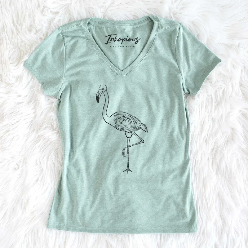 Bare Mango the Flamingo - Women's V-neck Shirt-- Spandex Blend Rayon Blend Denim Blend