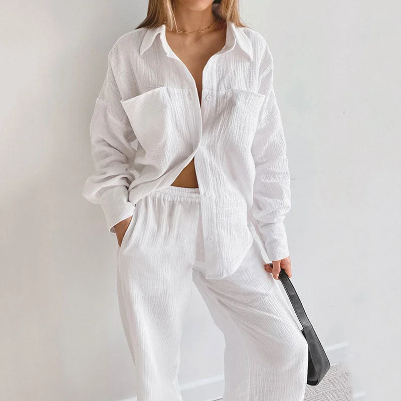 Cozy Cotton Gauze Pocket Trim Buttoned Blouse Wide Leg Pants Lounge Set Ruffled Neck Blouse