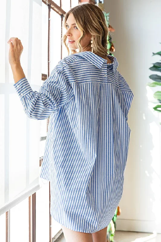 Kayla Striped Button Down High-Low Hem Shirt-- Fleece Fabric Down Fabric Feather Fabric