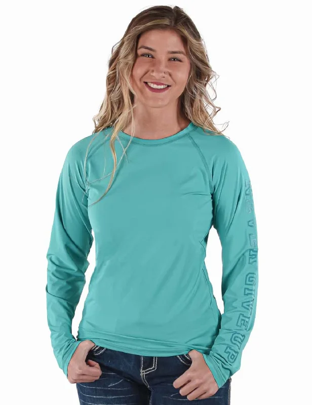 Cowgirl Tuff Womens Breathe Instant Baseball Turquoise Nylon L/S T-Shirt-- V-Neck T-Shirt Long Sleeve Cotton
