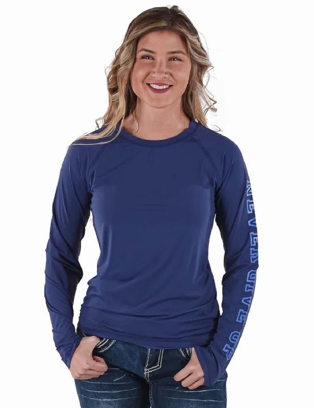 Cowgirl Tuff Womens Breathe Instant Baseball Indigo Nylon L/S T-Shirt-- Thin T-Shirt Open Front Quick Dry