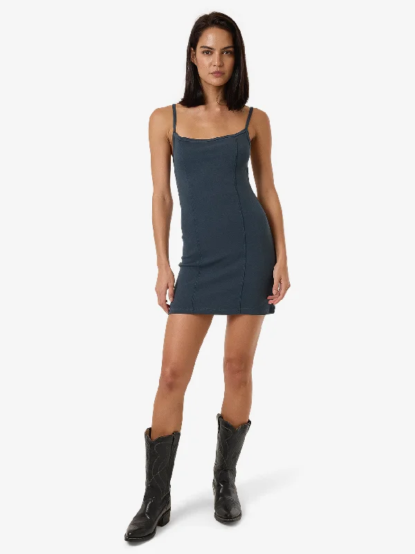 THRILLS Rib seam mini dress - Dark slate Chic Mini Dress with V-Neck