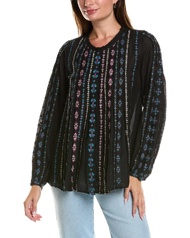 Johnny Was Calico Linen-Blend Blouse Asymmetric Hem Blouse