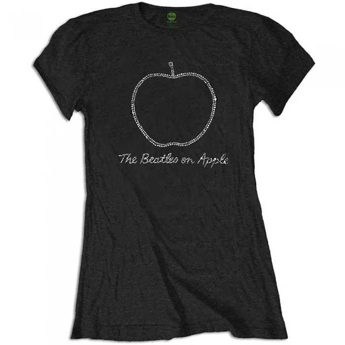 The Beatles Womens/Ladies On Apple Diamante T-Shirt-- Beaded Sequined Faux Fur