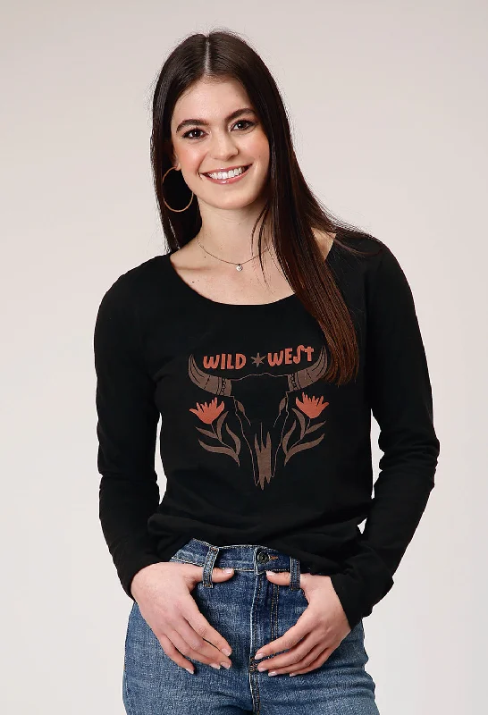 Roper Womens Wild West Longhorn Black 100% Cotton L/S T-Shirt-- Mesh Fabric Canvas Fabric Denim Fabric