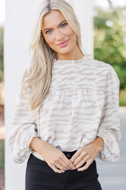 Raise Your Standards Taupe Brown Zebra Print Blouse Chic Ruffle Blouse