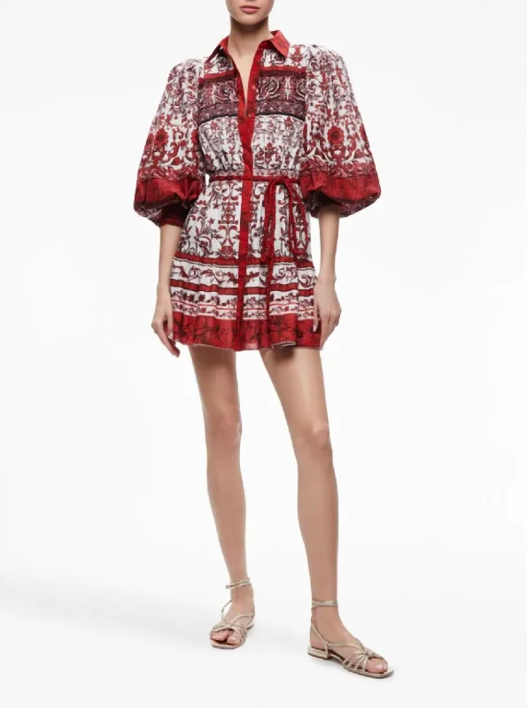 Tiffie Blouson Sleeve Mini Dress In Red/off White Comfortable Linen Mini Dress
