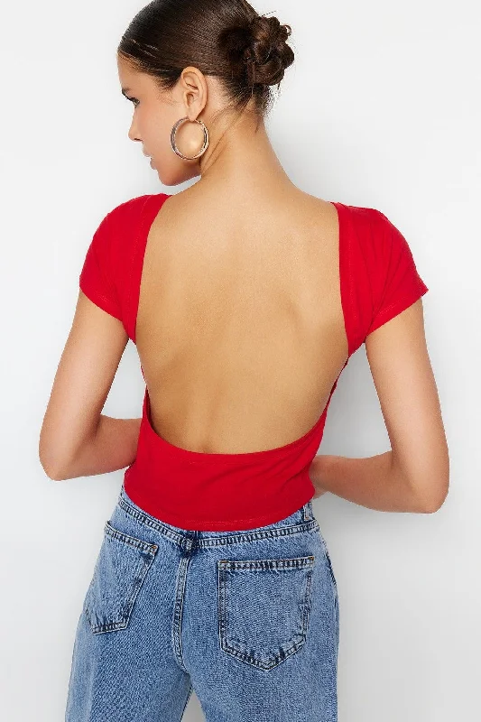Red Low Back Crop Cotton Stretch Knitted Blouse TWOSS23BZ00912 Puff Sleeve Blouse