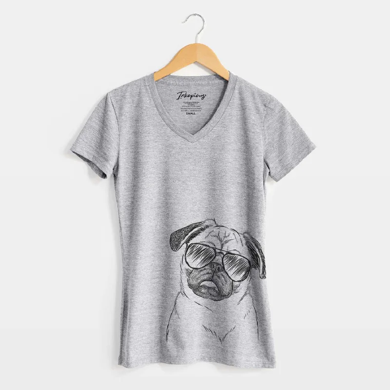 Aviator Macy the Pug - Women's V-neck Shirt-- Graphic Embroidered Appliqued