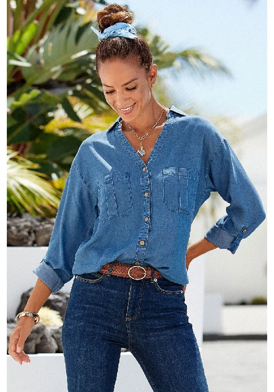 LASCANA Women's Button Down Denim Blouse Sleeveless Summer Blouse