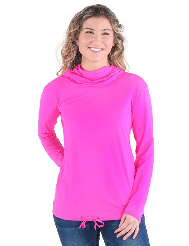 Cowgirl Tuff Womens Breathe Cowl Neck Hot Pink Nylon L/S T-Shirt-- Polka Dot Checkered Tartan