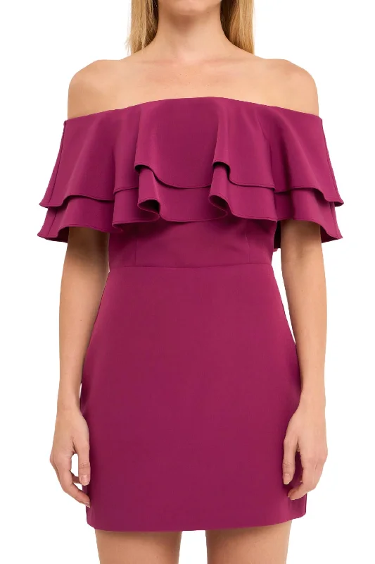 Off The Shoulder Mini Dress In Plum Elegant Mini Dress with Ruffles