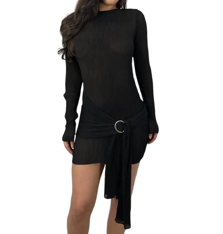 Sheer Plissé Belted Mini Dress In Black Elegant Mini Dress with Pleats