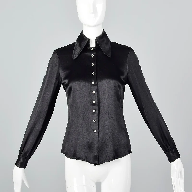 1970s Saks Fifth Avenue Black Satin Blouse Flowy Bohemian Blouse