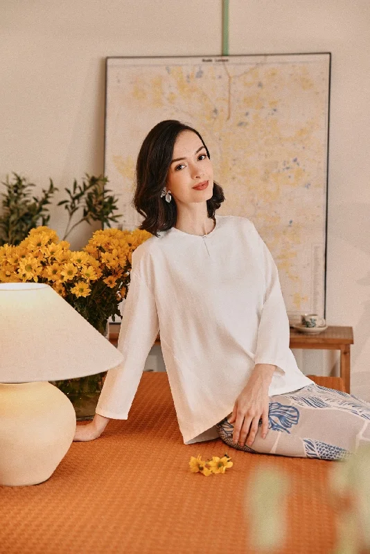 The Lembah Women Suria Blouse - White Jacquard Elegant Silk Blouse