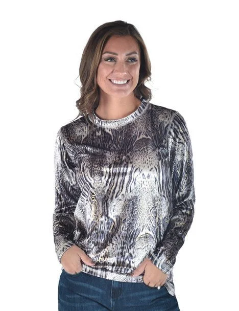 Cowgirl Tuff Womens Velvet Heavier Weight Gray Poly/Spandex L/S T-Shirt-- Graphic Embroidered Appliqued
