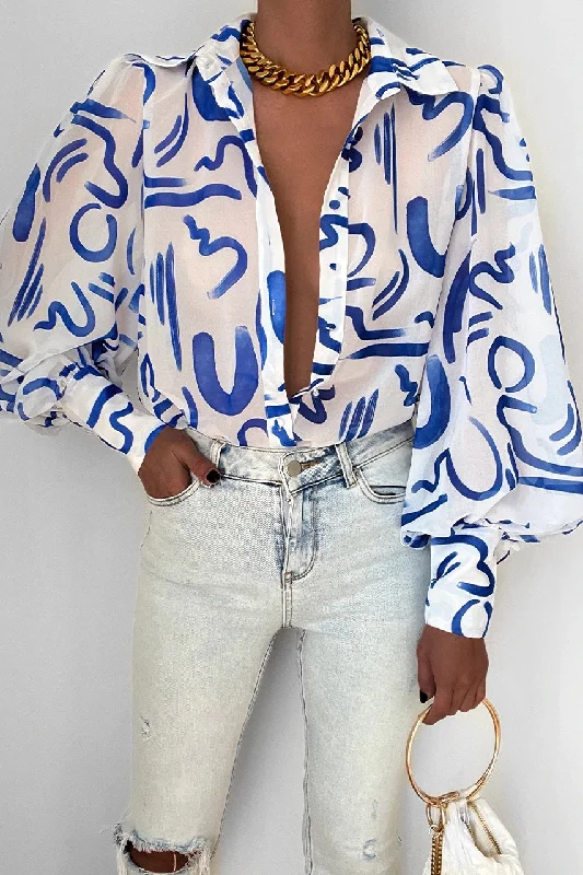 RUNAWAY THE LABEL Womens Fleetwood Blouse York Blue Frilled Cuff Blouse